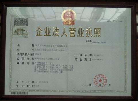 Business License certificate from DG HUSHUN CO., LTD