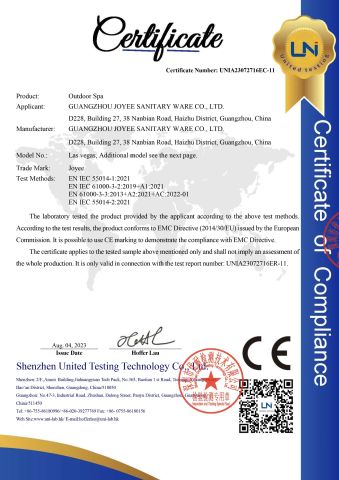 CE (Outdoor Spa) certificate from GUANGZHOU JOYEE WELLNESS TECHNOLOGY CO., LTD.