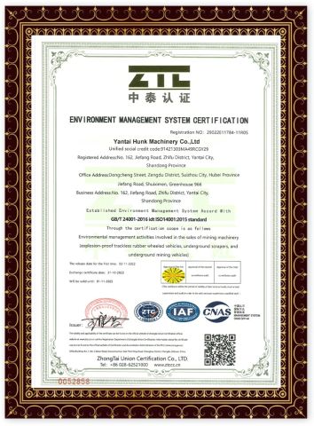 Certificates certificate from Yantai Hunk Machinery Co., Ltd.