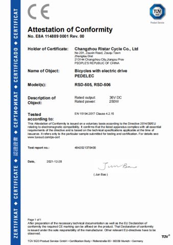 Certificates certificate from Changzhou Aodudu Leisure Co Ltd