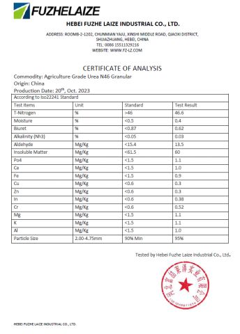 COA certificate from Hebei Fuzhe Laize Industrial Co., Ltd