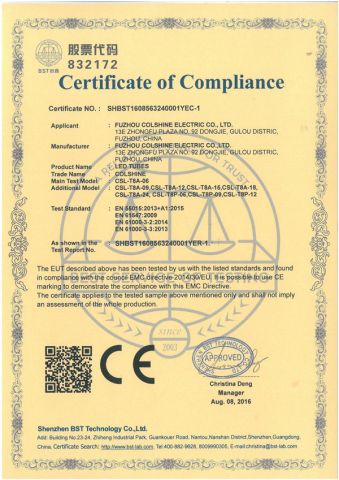 CE-EMC of T8 led tube certificate from Fuzhou Colshine Electric Co., Ltd.