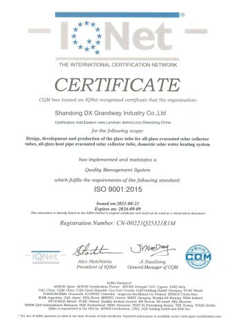 ISO9001 certificate from Shandong Dx Grandway Industry Co., Ltd.