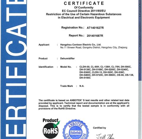 RoHS of dehumidifier certificate from Hangzhou Conloon Electric Co., Ltd.