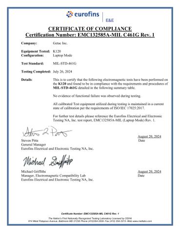 K120 MIL-STD-461G certificate from Beijing Jianianhuaye Technology Co., Ltd