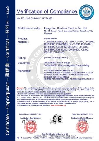 CE certificate of Dehumidifier certificate from Hangzhou Conloon Electric Co., Ltd.