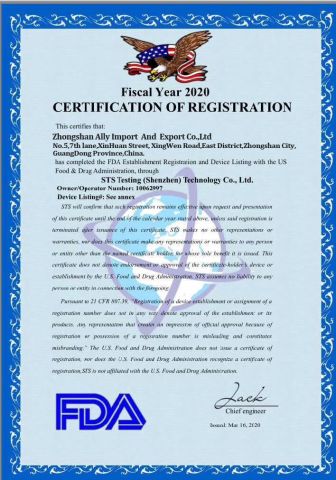 FAD certificate from Zhongshan Ally Import and Export Company Limited