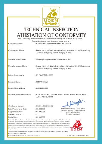 Sleeping Bag Certificate certificate from Nanjing Kango Outdoor Products Co., Ltd.