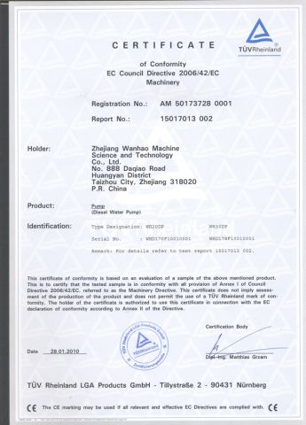 CE certificate of diesel water pump certificate of Taizhou Artex Machinery Co., Ltd. – certificate photo, supplier certificates section
