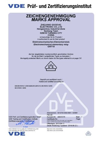 VDE Certification Certificate certificate from Zhejiang Goodvic Electronic Co., Ltd.