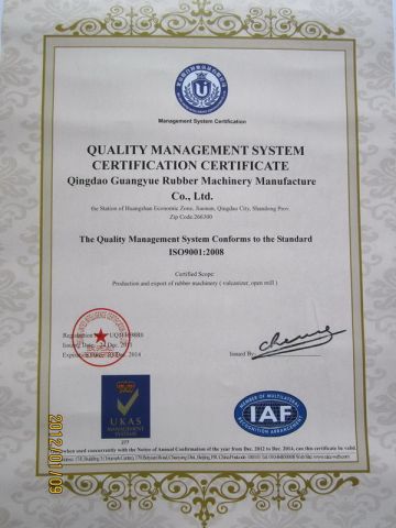 ISO 9001 certificate from Qingdao Guangyue Rubber Machinery Manufacturing Co., Ltd.