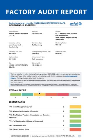 BSCI audit certificate of Ningbo Inmax Cultural Technology Co., Ltd – certificate photo, supplier certificates section
