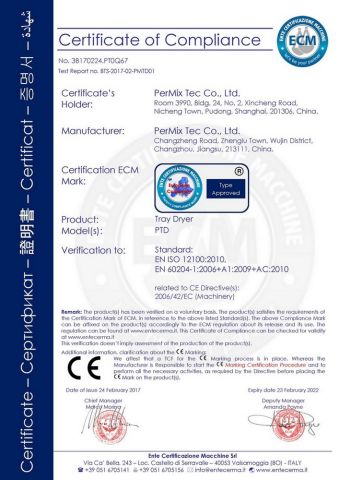 CE for Tray Dryers certificate from PerMix Tec Co., Ltd.