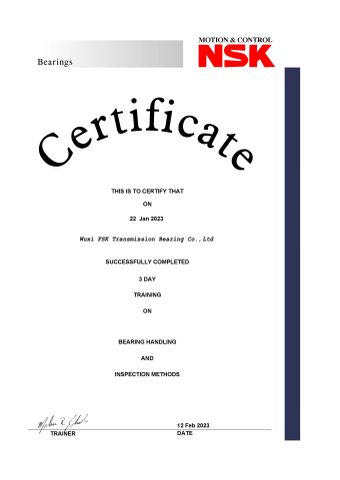 CERTIFICATE certificate from Wuxi Fsk Transmission Bearing Co., Ltd.
