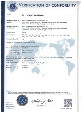 CE certificate from Yantai Fanake Automotive Technology Co., Ltd.