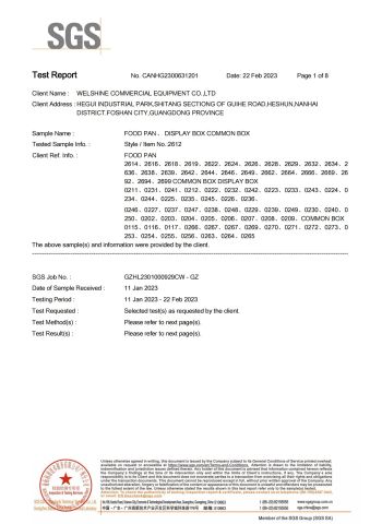 SGS certificate from WELSHINE COMMERCIAL EQUIPMENT CO. LTD