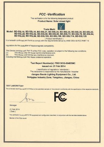 FCC certificate from BAODE LIGHTING GROUP CO., LTD.