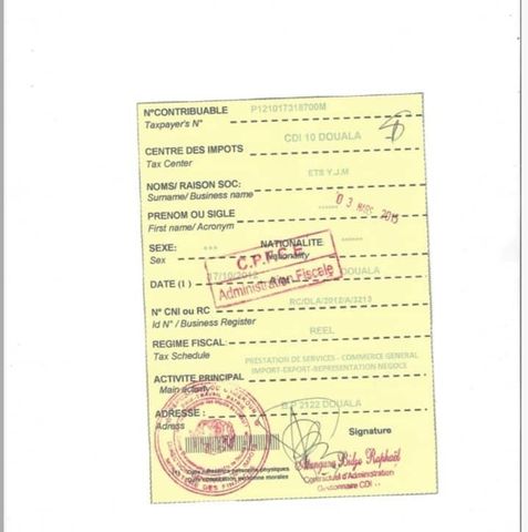 Tax Registration certificate from ETS YJM CAMEROUN