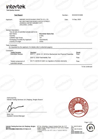 Product Inspection Report certificate from Ningbo XiaoChuang Crafts Co., Ltd.
