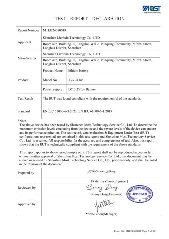 TEST REPORT DECLARATION certificate of Shenzhen Lizhixin Technology Co., Ltd – certificate photo, supplier certificates section
