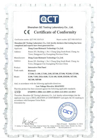 LVD certificate from Dongguan Riotouch Technology Co., Ltd.