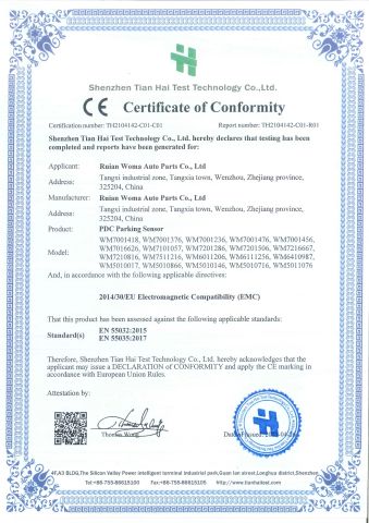 CE certificate from Wenzhou Woma Auto Parts Co., Ltd.