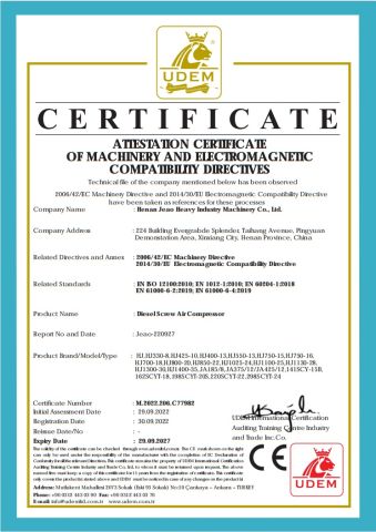 CE AIR COMPRESSOR certificate of Henan Jeao Heavy Industry Machinery Co., Ltd. – certificate photo, supplier certificates section
