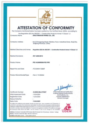 CE certificate of Zhuji Fengfan Piping Co., Ltd. – certificate photo, supplier certificates section