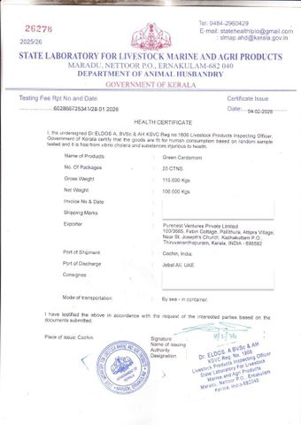 Health certificate certificate from PureNest Ventures PVT LTD