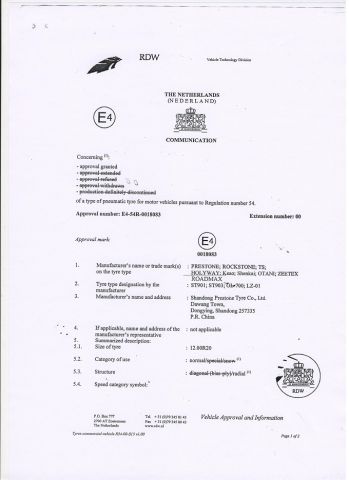 ECE Certificate certificate of SHANDONG PRESTONE TYRE CO., LTD. – certificate photo, supplier certificates section