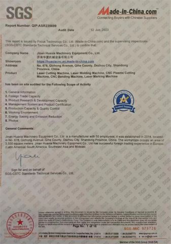SGS Certificate certificate of Shandong Fast CNC Machinery Co., Ltd – certificate photo, supplier certificates section