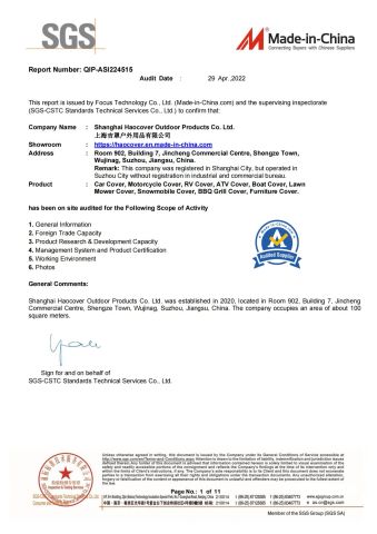 SGS-HAOCOVER certificate from Shanghai Haocover Outdoor Products Co. Ltd.