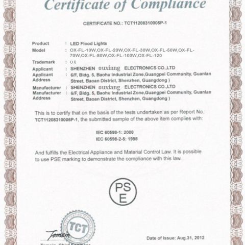 PSE certification for LED Flood Lights certificate from Shenzhen Ouxiang Electronics Co., Ltd.