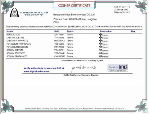KOSHER CERT. certificate from Hangzhou Union Biotechnology Co., Ltd.