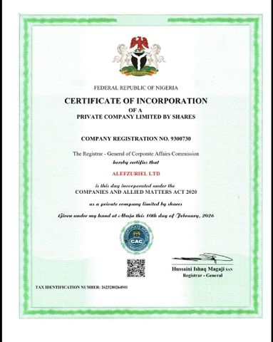 Company registration (Cac) certificate from Alefzuriel