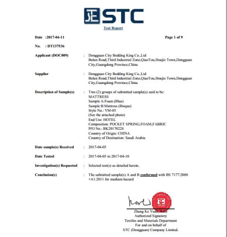 BS7177 certificate from Dongguan City Bedding King Co., Ltd.