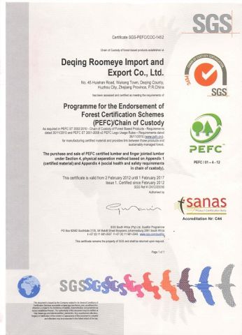 PEFC certificate from Deqing Roomeye Import & Export Co., Ltd.