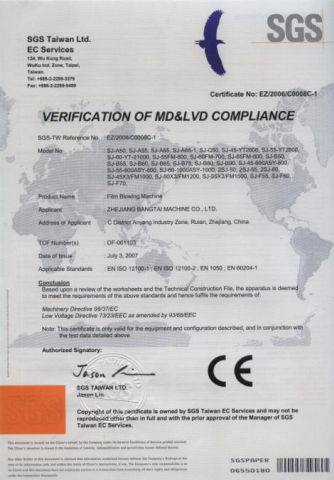 CE for Film blowing machine certificate of Zhejiang Bangtai Machine Co., Ltd. – certificate photo, supplier certificates section