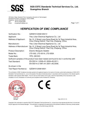 BATTERY MOSQUITO SWATTER certificate from YIWU LITIAN ELECTRICAL APPLIANCE CO., LTD.