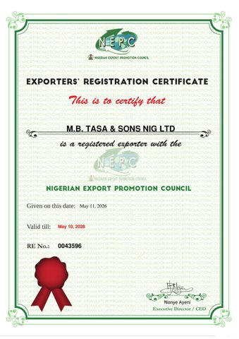 NIGERIAN EXPORT PROMOTION COUNCIL certificate from M.B.Tasa & Sons Nigeria limited