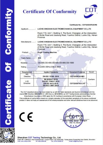 Sugar coating machine CE certificate from Luohe Xingdian Electromechanical Equipment Co., Ltd.