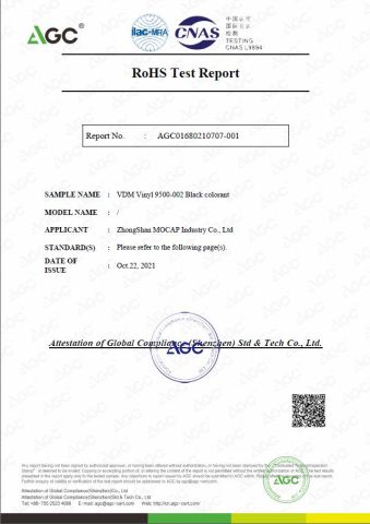 ROHS certificate from Zhongshan Mocap Industry Co., Ltd.