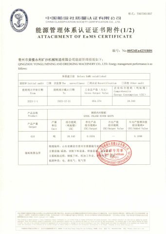 ATTACHMENT OF EnMS CERTIFICATE certificate of Qingzhou Yongli Mining and Dredging Machinery Co., Ltd. – certificate photo, supplier certificates section