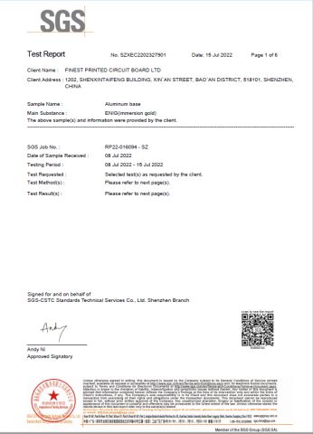Aluminum  immersion glod   RoHS test report certificate from Finest Printed Circuit Board Ltd.