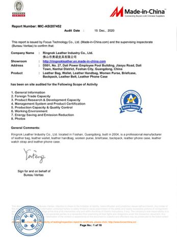 BV-Audit certificate of Foshan Ringnok Leather Industry Co., Ltd. – certificate photo, supplier certificates section