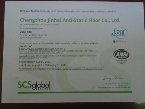 FloorScore Certificate certificate from Changzhou Jinhai Anti-Static Floor Co., Ltd.