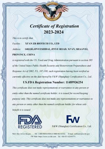 FDA certificate from Xi`an ZB Biotech Co., Ltd.