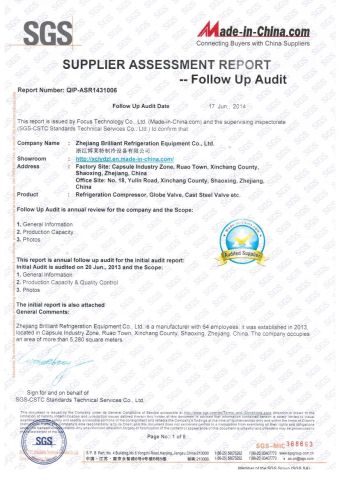 SGS certificates certificate of Zhejiang Briliant Refrigeration Equipment Co., Ltd – certificate photo, supplier certificates section