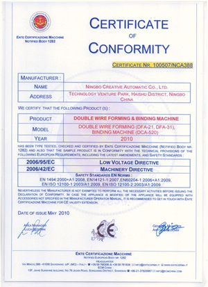 CE certificate of double wire forming and binding machine certificate from Ningbo Creative Automatic Co., Ltd.