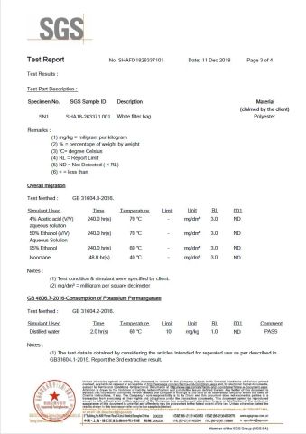 Polyester filter bag GB4806 certificate of Filterek Products Tech Co., Ltd. – certificate photo, supplier certificates section